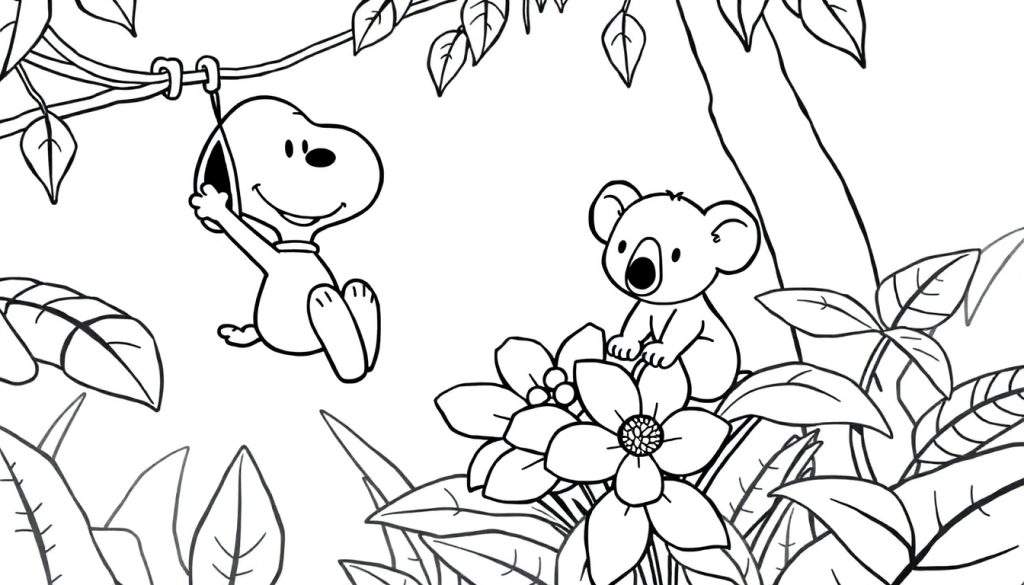 Kleurplaat van Snoopy die aan een liaan slingerend door de jungle hangt, met een koala op een bloem.