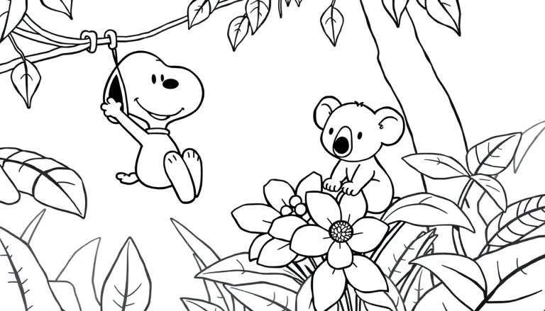 Kleurplaat van Snoopy die aan een liaan slingerend door de jungle hangt, met een koala op een bloem.