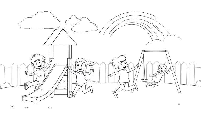 Kleurplaat van kinderen die spelen op een speelplaats met een regenboog.
