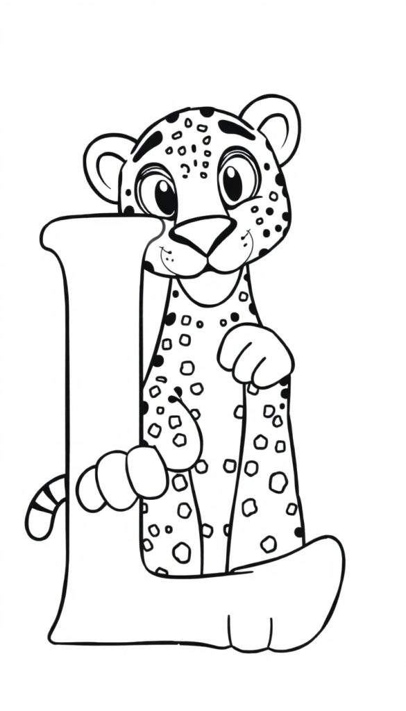 Kleurplaat van een luipaard die achter de letter L staat.