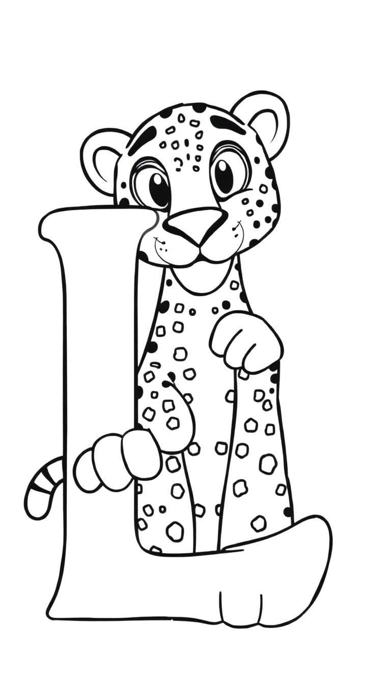 Kleurplaat van een luipaard die achter de letter L staat.