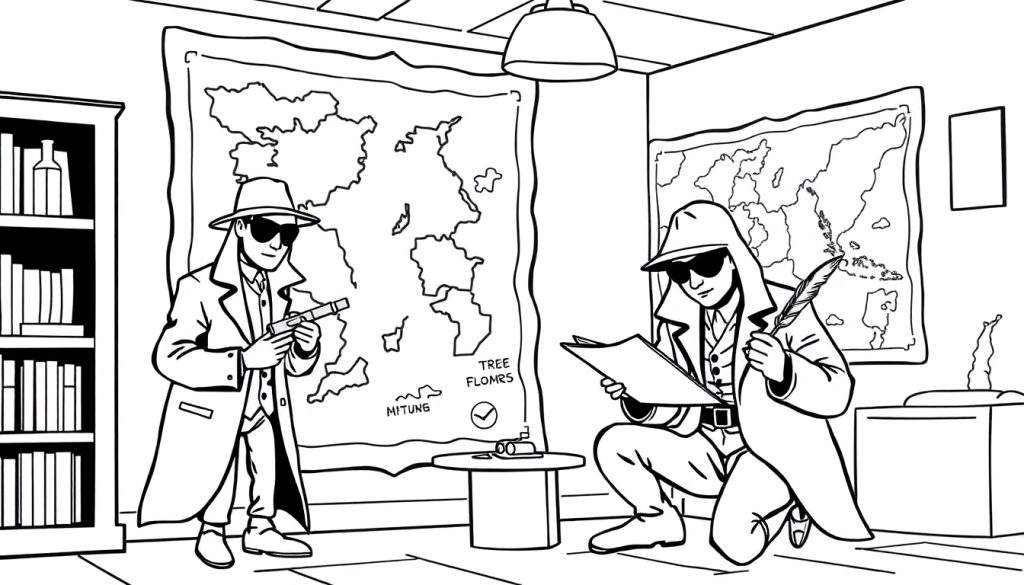 Kleurplaat van twee spionnen, één met een pistool, de ander leest een document.