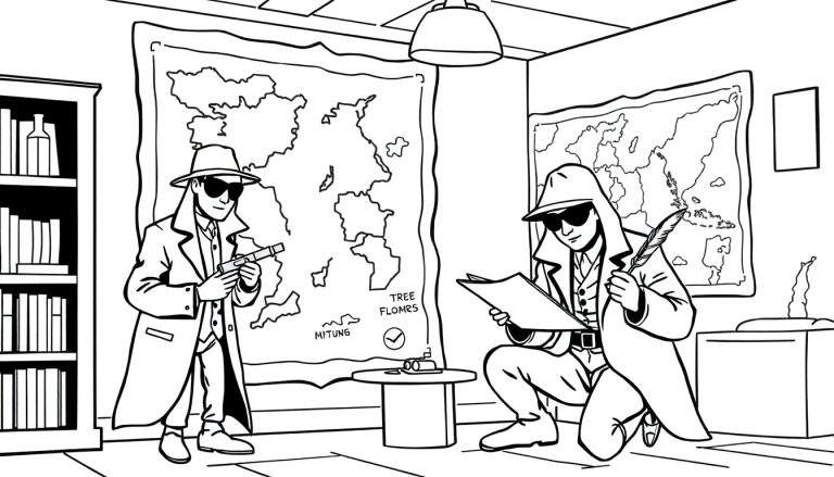 Kleurplaat van twee spionnen, één met een pistool, de ander leest een document.