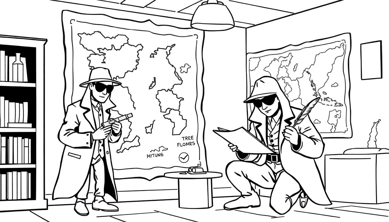 Kleurplaat van twee spionnen, één met een pistool, de ander leest een document.