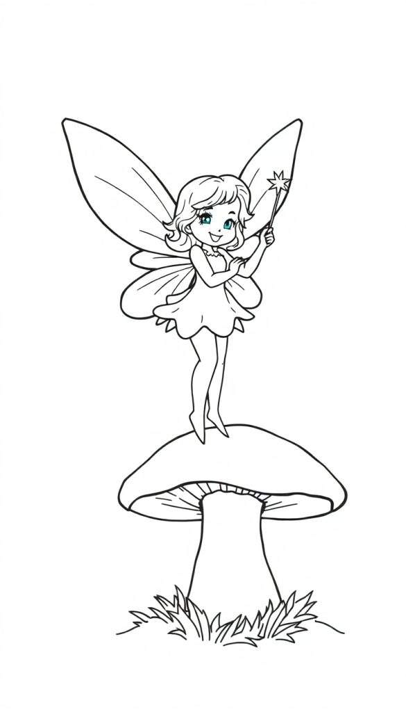 Kleurplaat van een schattige cartoonfee op een paddenstoel.