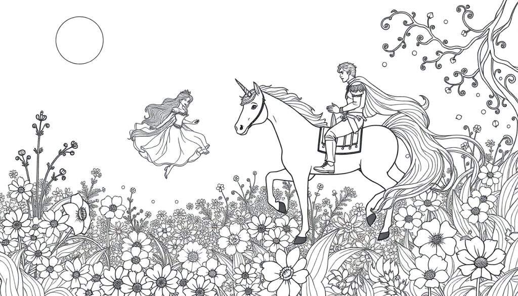 Kleurplaat van een prins op eenhoorn en een prinses in een bloemenveld onder de maan met een boom.