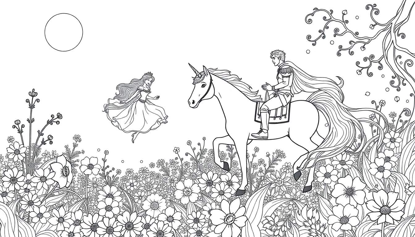 Kleurplaat van een prins op eenhoorn en een prinses in een bloemenveld onder de maan met een boom.