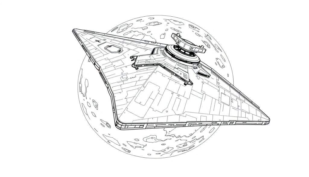Zwart-witte kleurplaat van een Star Wars ruimteschip dat boven een maan of planeet vliegt.