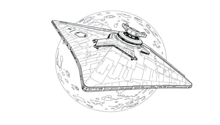 Zwart-witte kleurplaat van een Star Wars ruimteschip dat boven een maan of planeet vliegt.