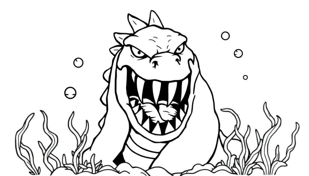 Kleurplaat van een boos zeemonster met scherpe tanden onder water.