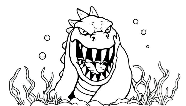 Kleurplaat van een boos zeemonster met scherpe tanden onder water.