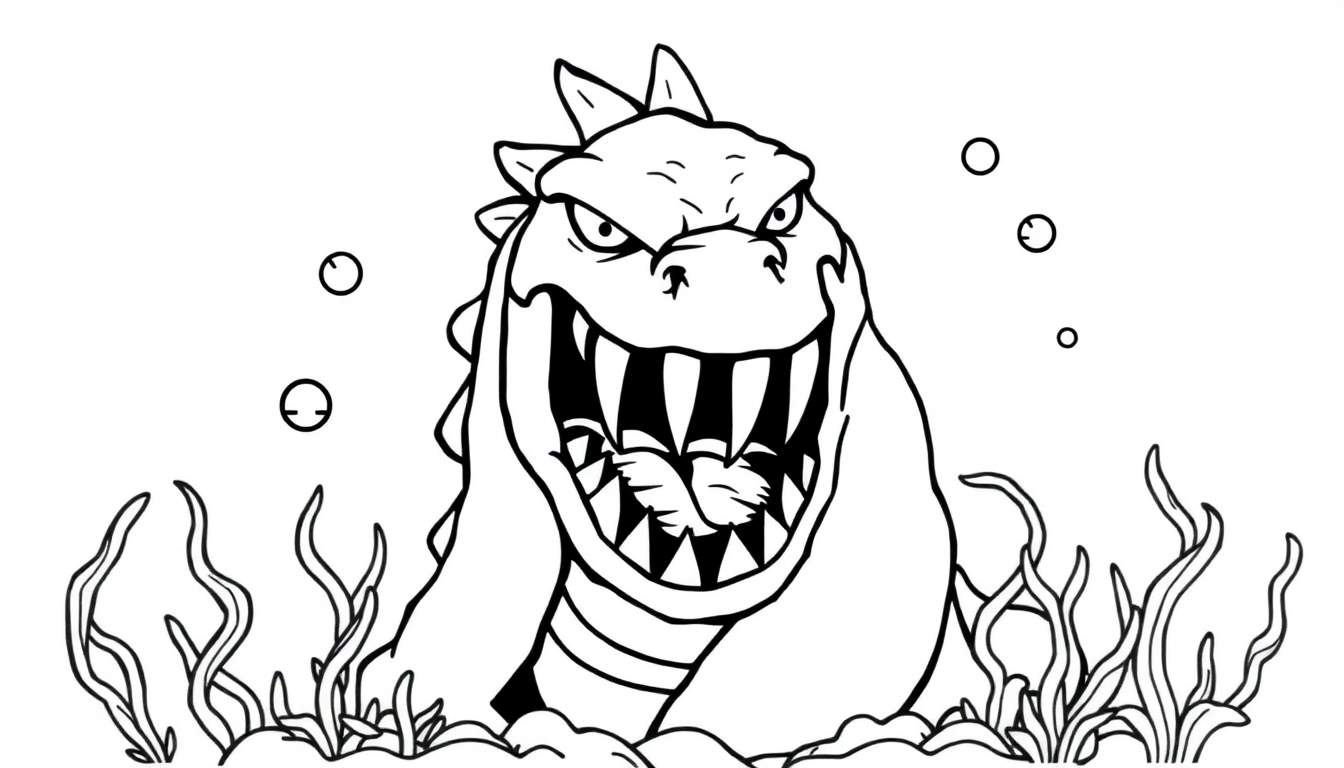 Kleurplaat van een boos zeemonster met scherpe tanden onder water.