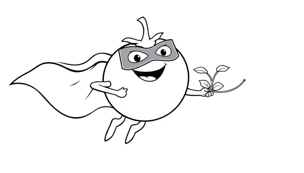 Een zwart-witte kleurplaat van een superheld-tomaat met een cape en een plantje.