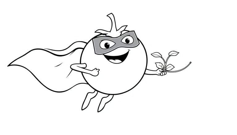 Een zwart-witte kleurplaat van een superheld-tomaat met een cape en een plantje.