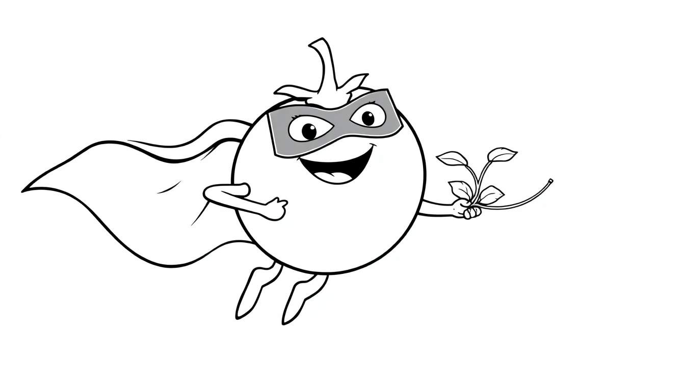 Een zwart-witte kleurplaat van een superheld-tomaat met een cape en een plantje.