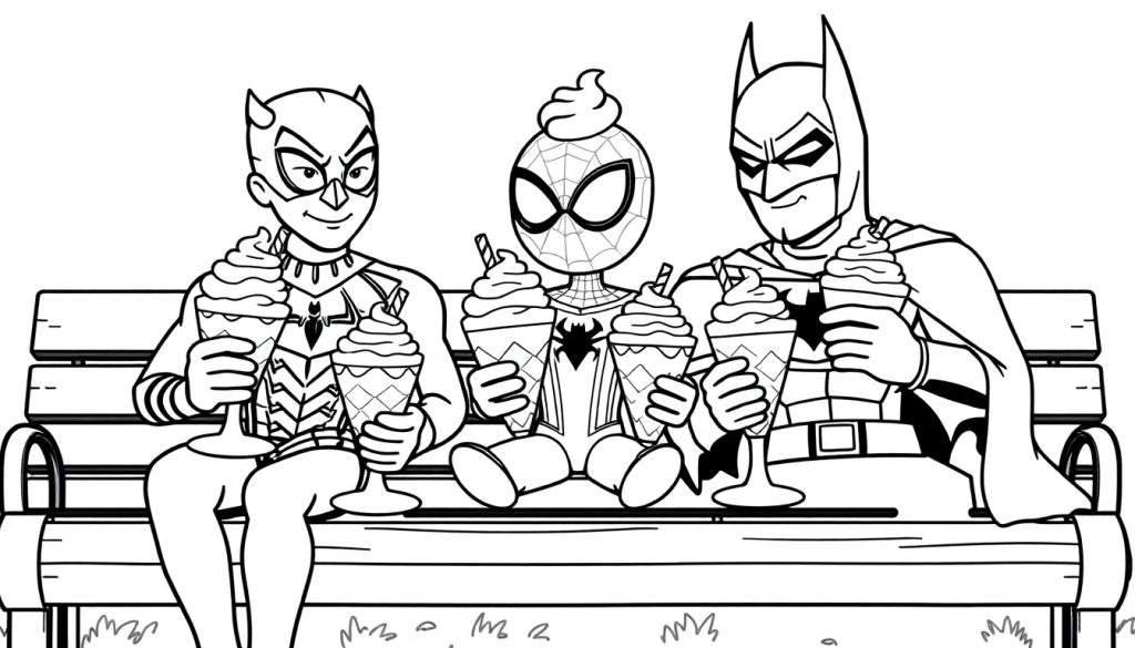 Zwart-wit kleurplaat van Black Panther, Spider-Man en Batman die samen ijs eten op een bank.