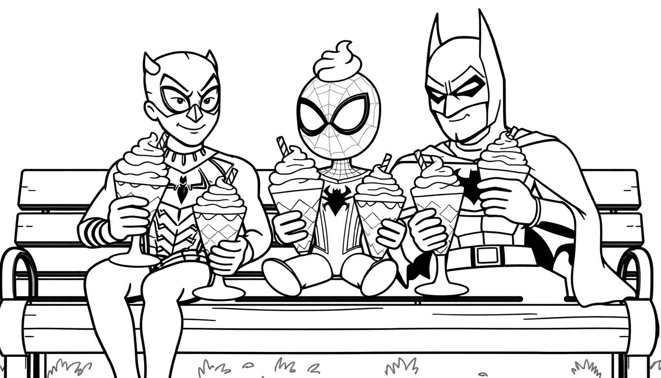 Zwart-wit kleurplaat van Black Panther, Spider-Man en Batman die samen ijs eten op een bank.