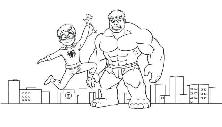 Kleurplaat van Spider-Man en Hulk boven de stad.