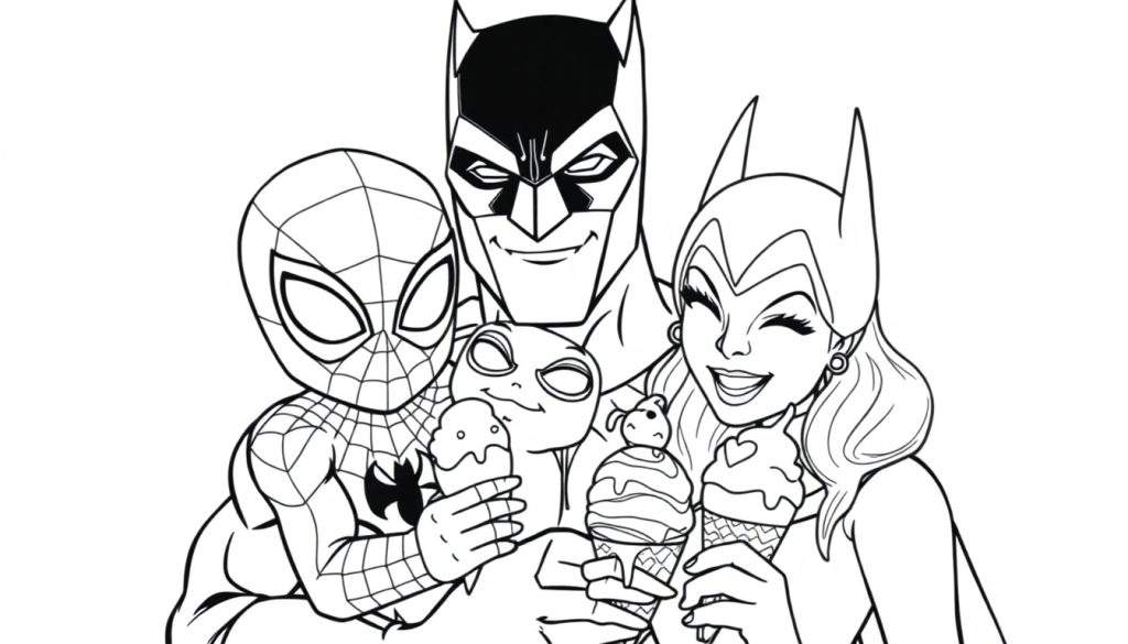 Een kleurplaat van Spiderman als baby, Black Panther als vader en Batman als moeder, allemaal genietend van ijsjes.