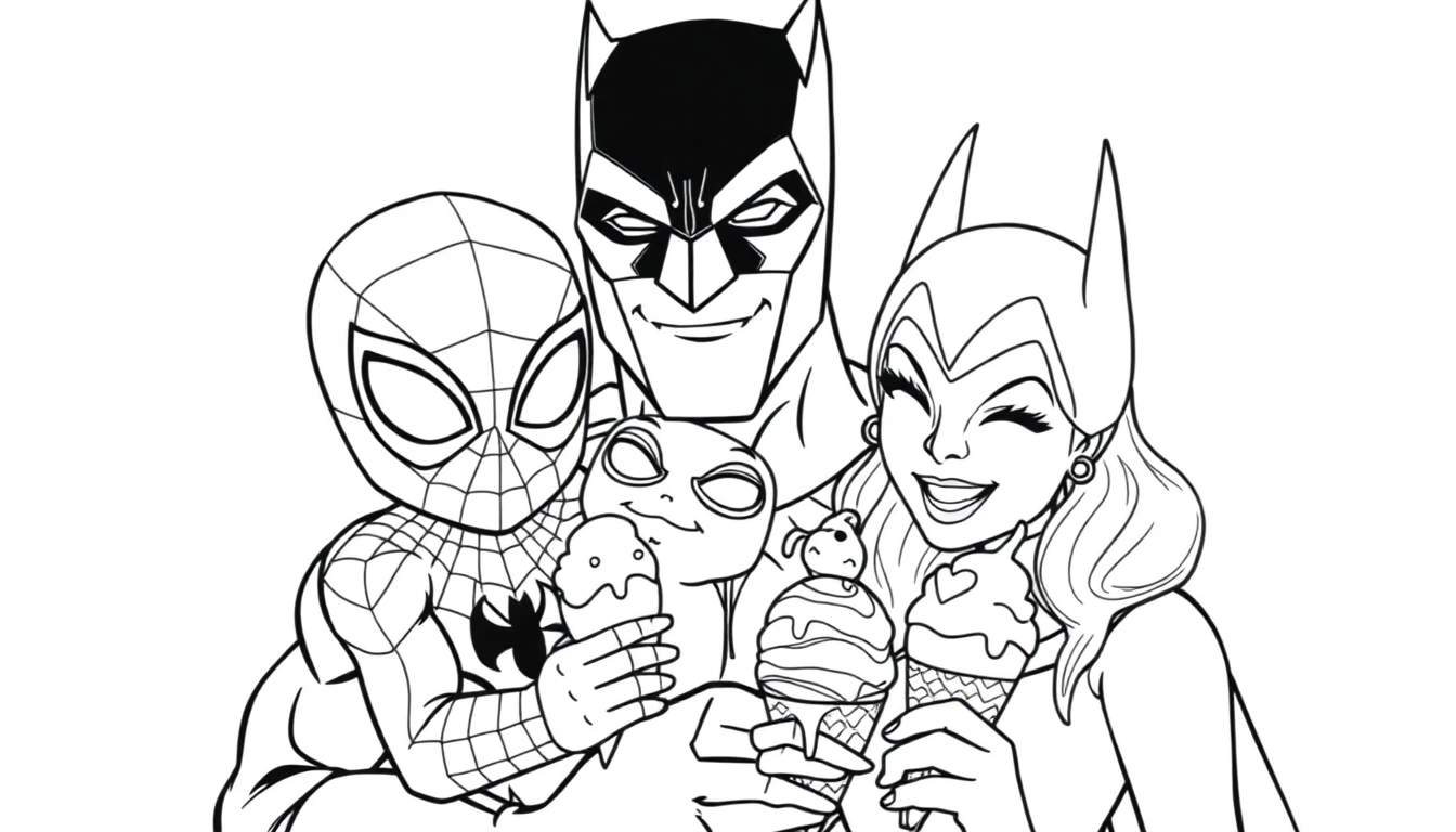 Een kleurplaat van Spiderman als baby, Black Panther als vader en Batman als moeder, allemaal genietend van ijsjes.