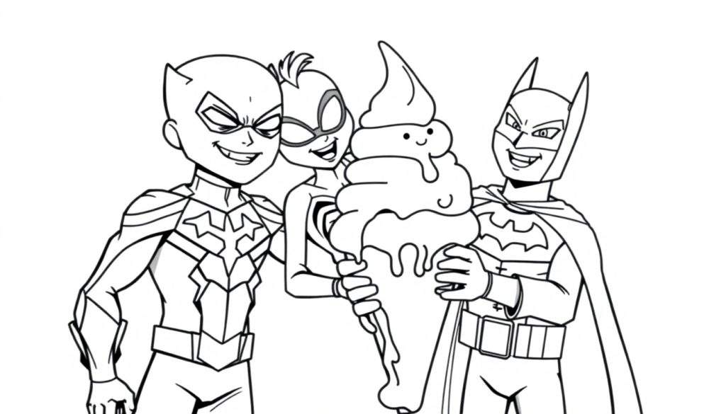 Kleurplaat van superhelden die samen een ijsje vasthouden.