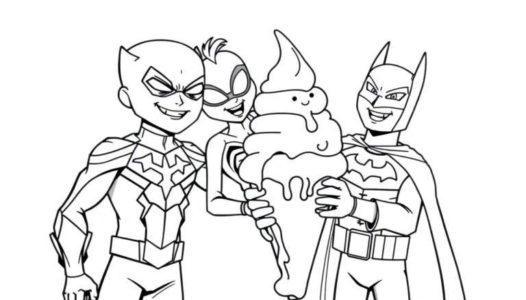 Kleurplaat van superhelden die samen een ijsje vasthouden.