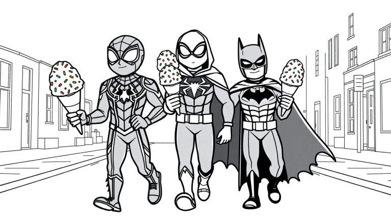 Kleurplaat van Spider-Man, Spider-Gwen en Batman die samen een ijsje eten.