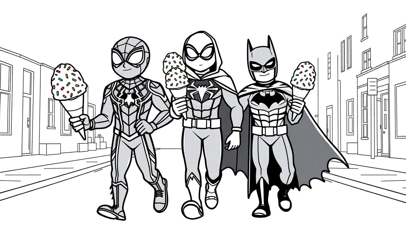Kleurplaat van Spider-Man, Spider-Gwen en Batman die samen een ijsje eten.