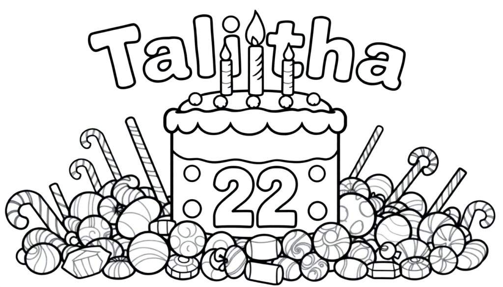 Kleurplaat van de naam Talitha met een verjaardagstaart voor 22 jaar, omringd door snoepjes.