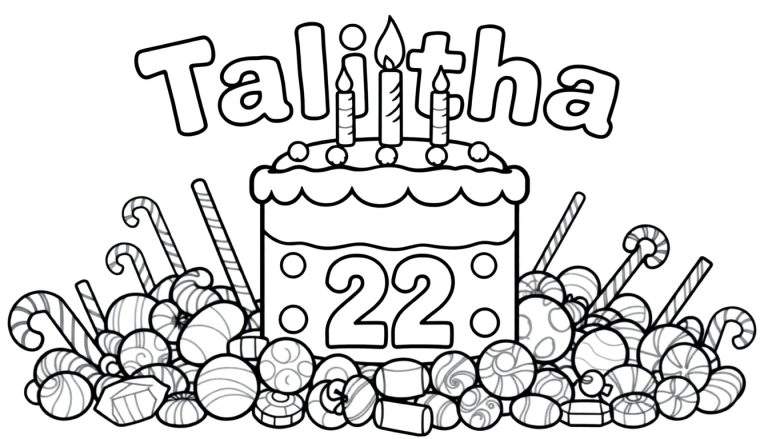 Kleurplaat van de naam Talitha met een verjaardagstaart voor 22 jaar, omringd door snoepjes.