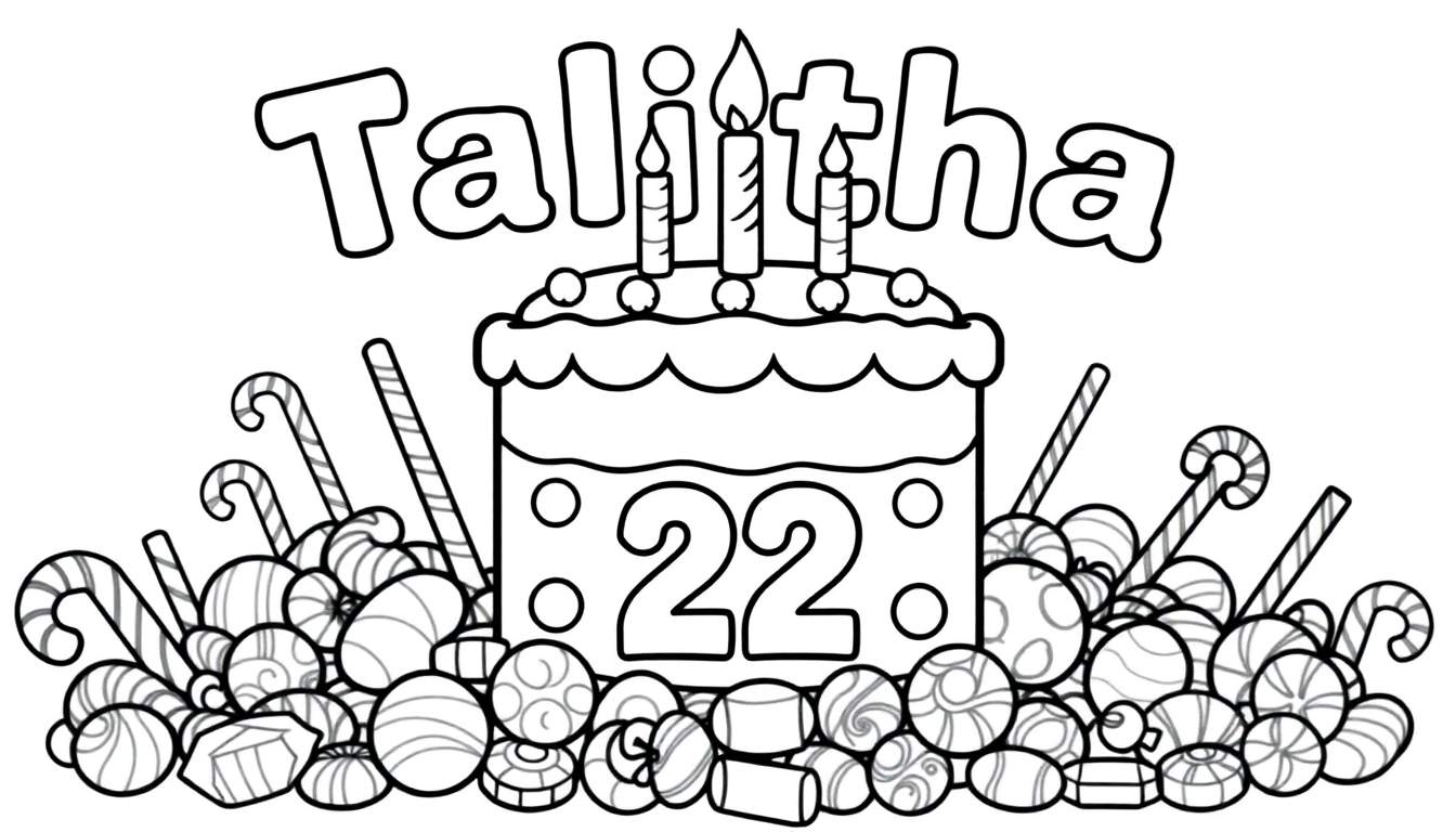 Kleurplaat van de naam Talitha met een verjaardagstaart voor 22 jaar, omringd door snoepjes.