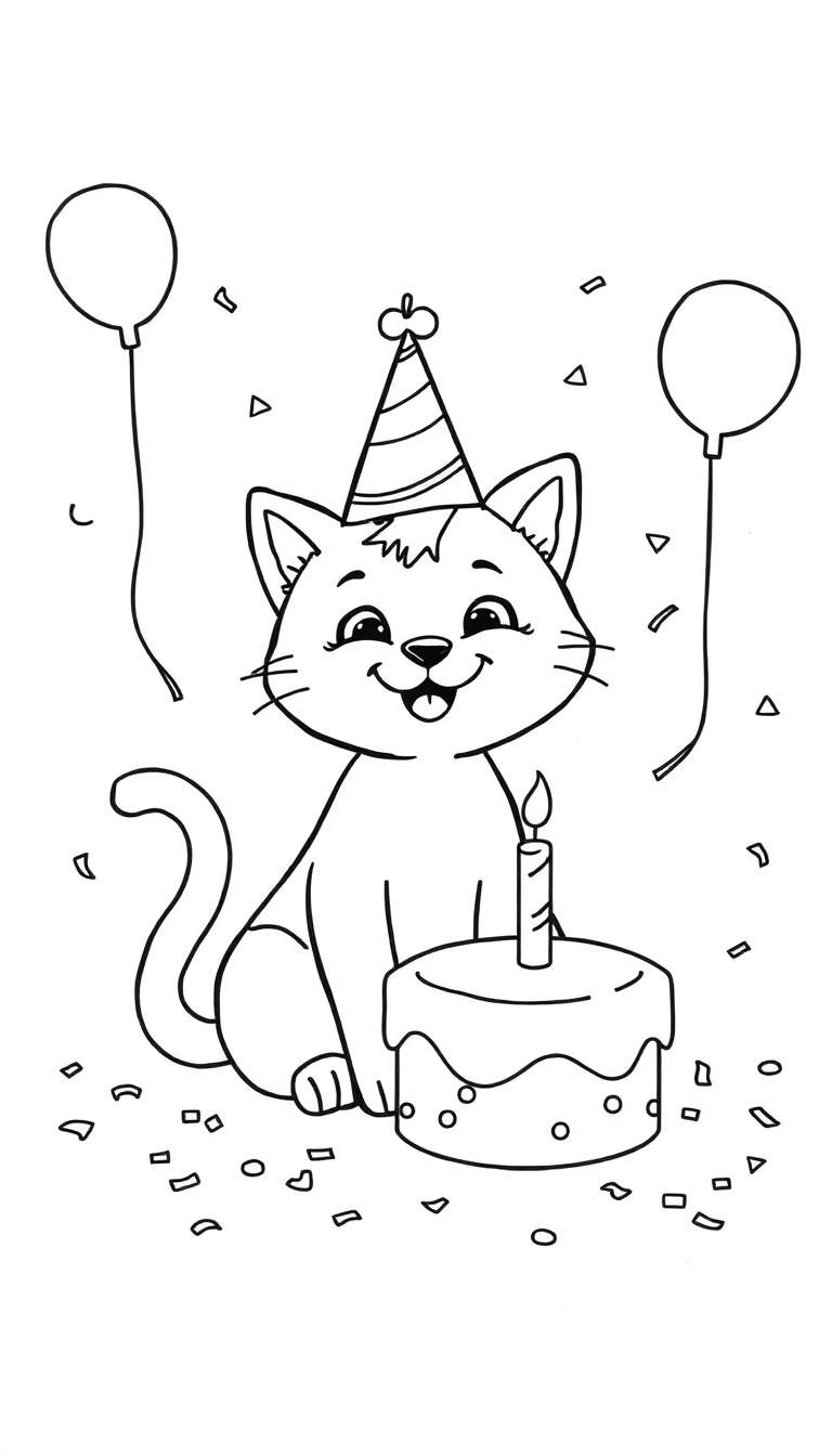 Kleurplaat van een schattige cartoon kat met feestmuts, taart en ballonnen.