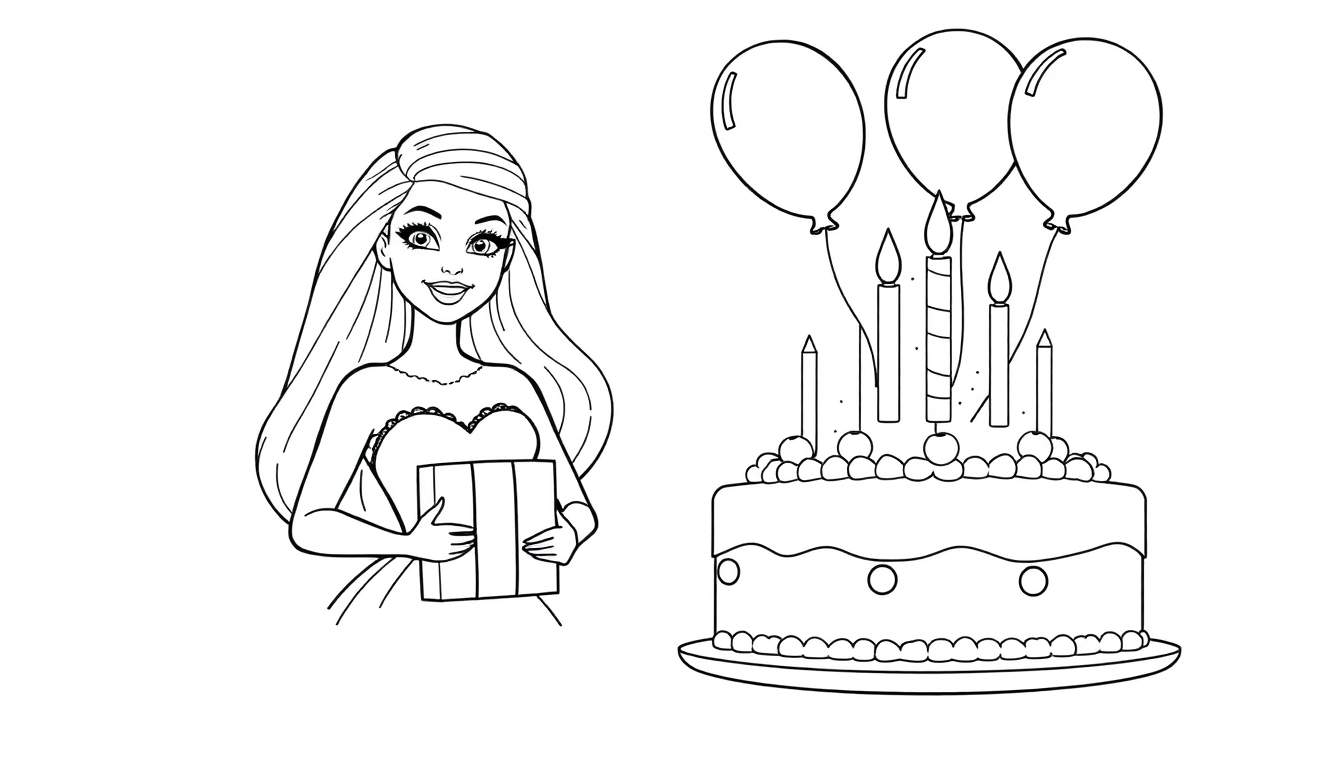 Kleurplaat van een blij meisje met een cadeau en verjaardagstaart.
