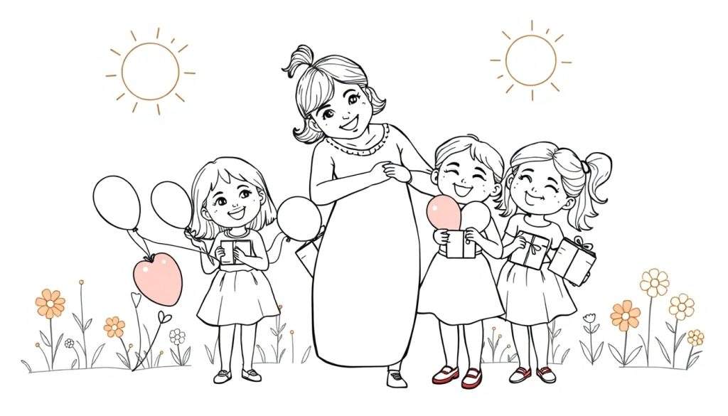 Kleurplaat van een lachende jonge tante met haar drie nichtjes in een tuin, omringd door bloemen en ballonnen.