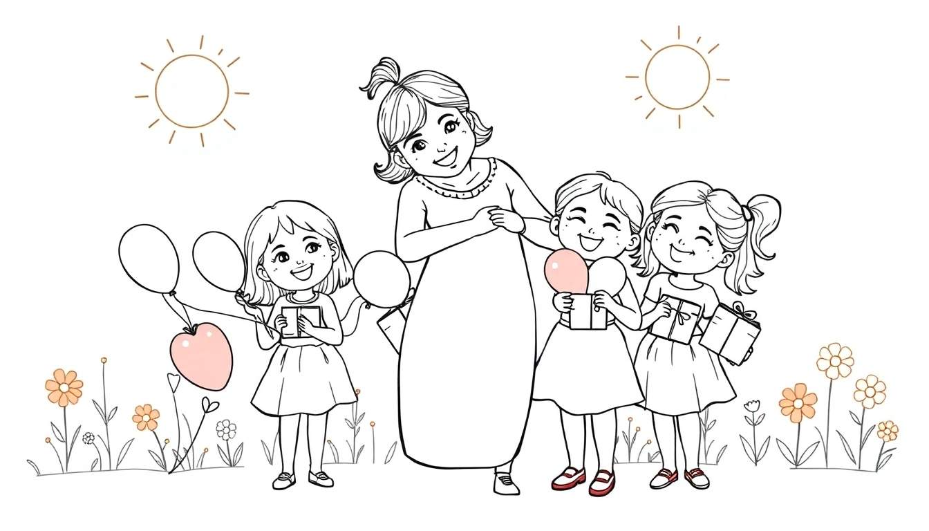 Kleurplaat van een lachende jonge tante met haar drie nichtjes in een tuin, omringd door bloemen en ballonnen.