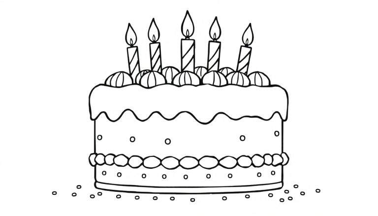 Kleurplaat van een verjaardagstaart met 5 kaarsen.