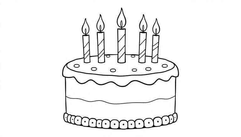 Zwart-witte kleurplaat van een verjaardagstaart met vijf kaarsjes.
