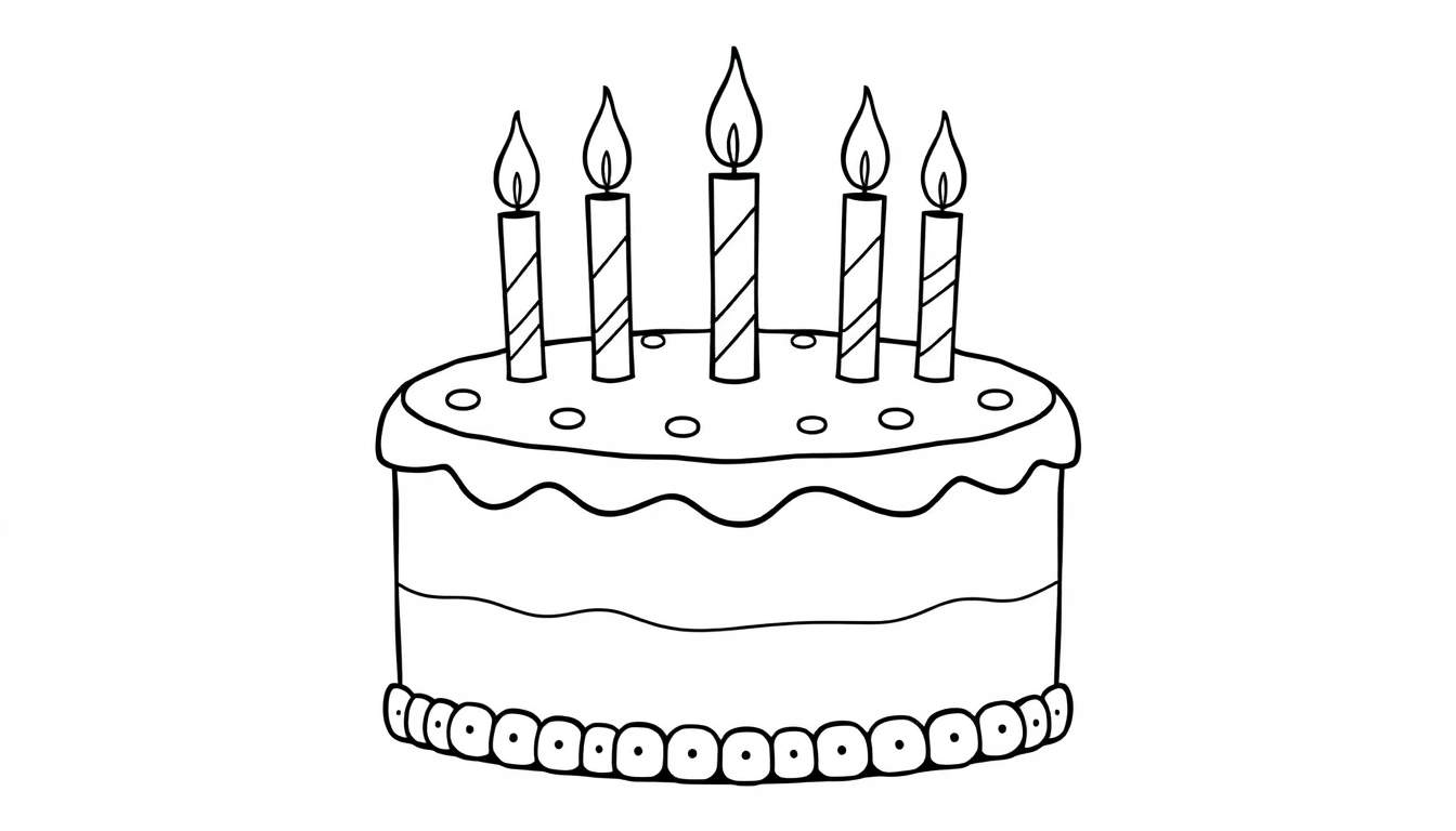Zwart-witte kleurplaat van een verjaardagstaart met vijf kaarsjes.