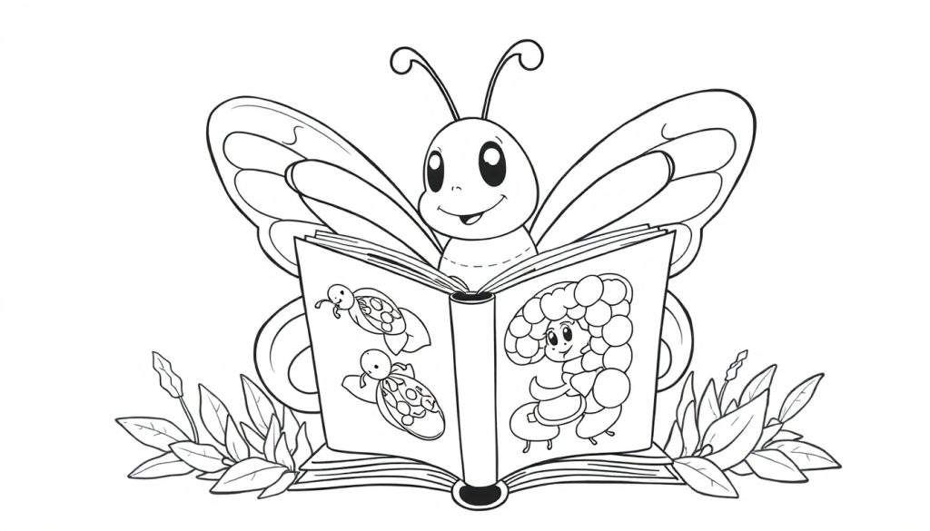 Een lachende vlinder zit achter een open kleurplaat boek met tekeningen van schildpadden en een meisje.