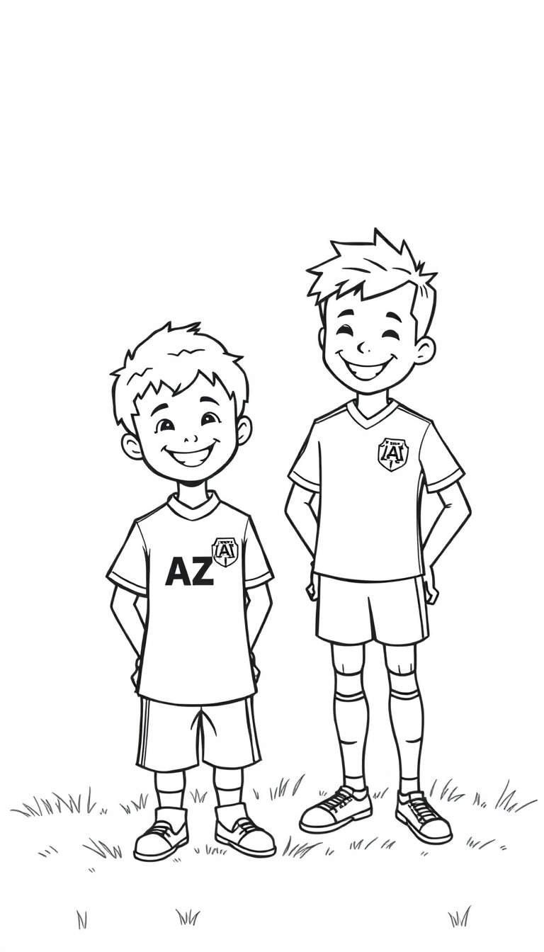 Twee jongens in voetbaltenue, genietend van een kleurplaat op het gras.