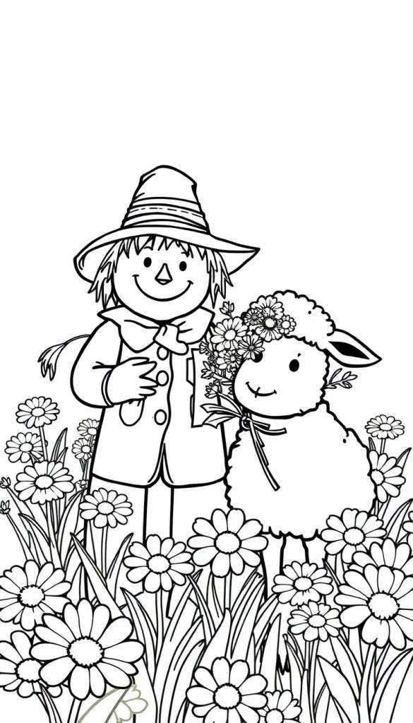 Kleurplaat van een vriendelijke vogelverschrikker en een schaapje omringd door bloemen.