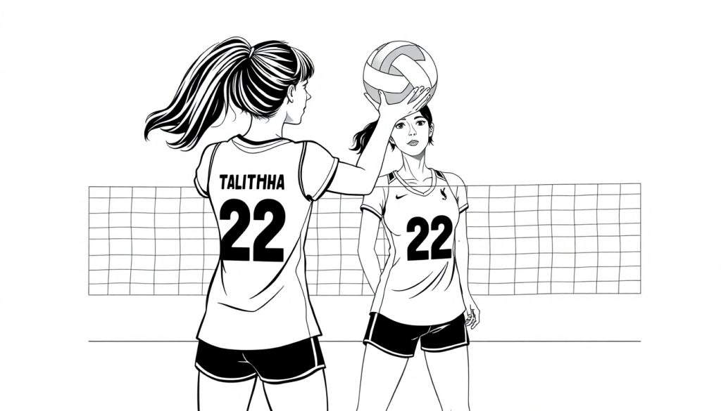 Kleurplaat van twee volleybalsters met nummer 22 en de naam Talitha op het shirt.