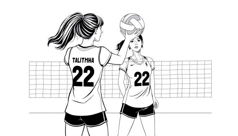Kleurplaat van twee volleybalsters met nummer 22 en de naam Talitha op het shirt.