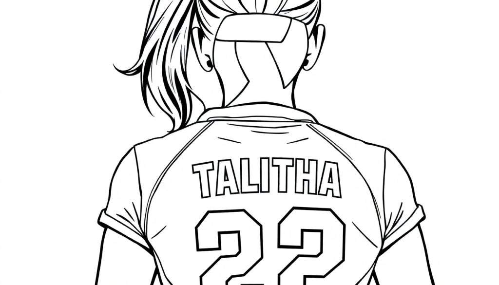 Kleurplaat van een volleybalster met de naam Talitha en nummer 22 op haar rug.