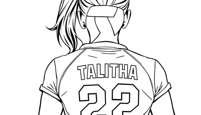 Kleurplaat van een volleybalster met de naam Talitha en nummer 22 op haar rug.
