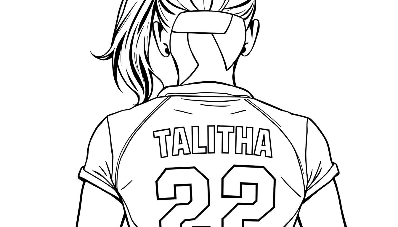Kleurplaat van een volleybalster met de naam Talitha en nummer 22 op haar rug.