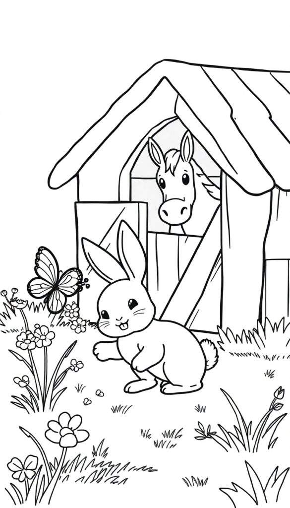 Zwart-wit kleurplaat van een konijn naast een paard uit een hok met een vlinder op een bloem.