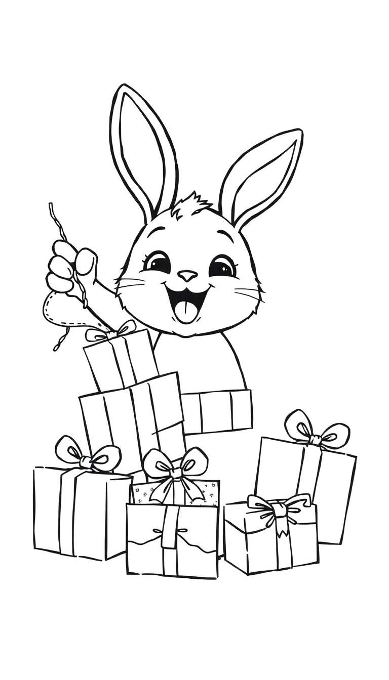 Kleurplaat van een vrolijk konijn met een belletje en cadeautjes.