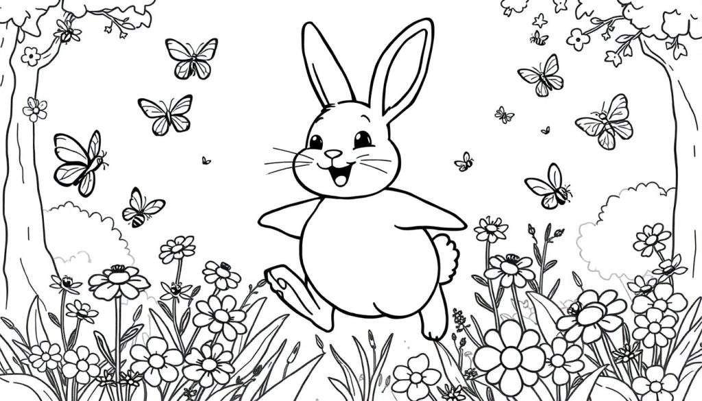 Kleurplaat van een vrolijk konijn in een bloemenweide met vlinders en bomen.