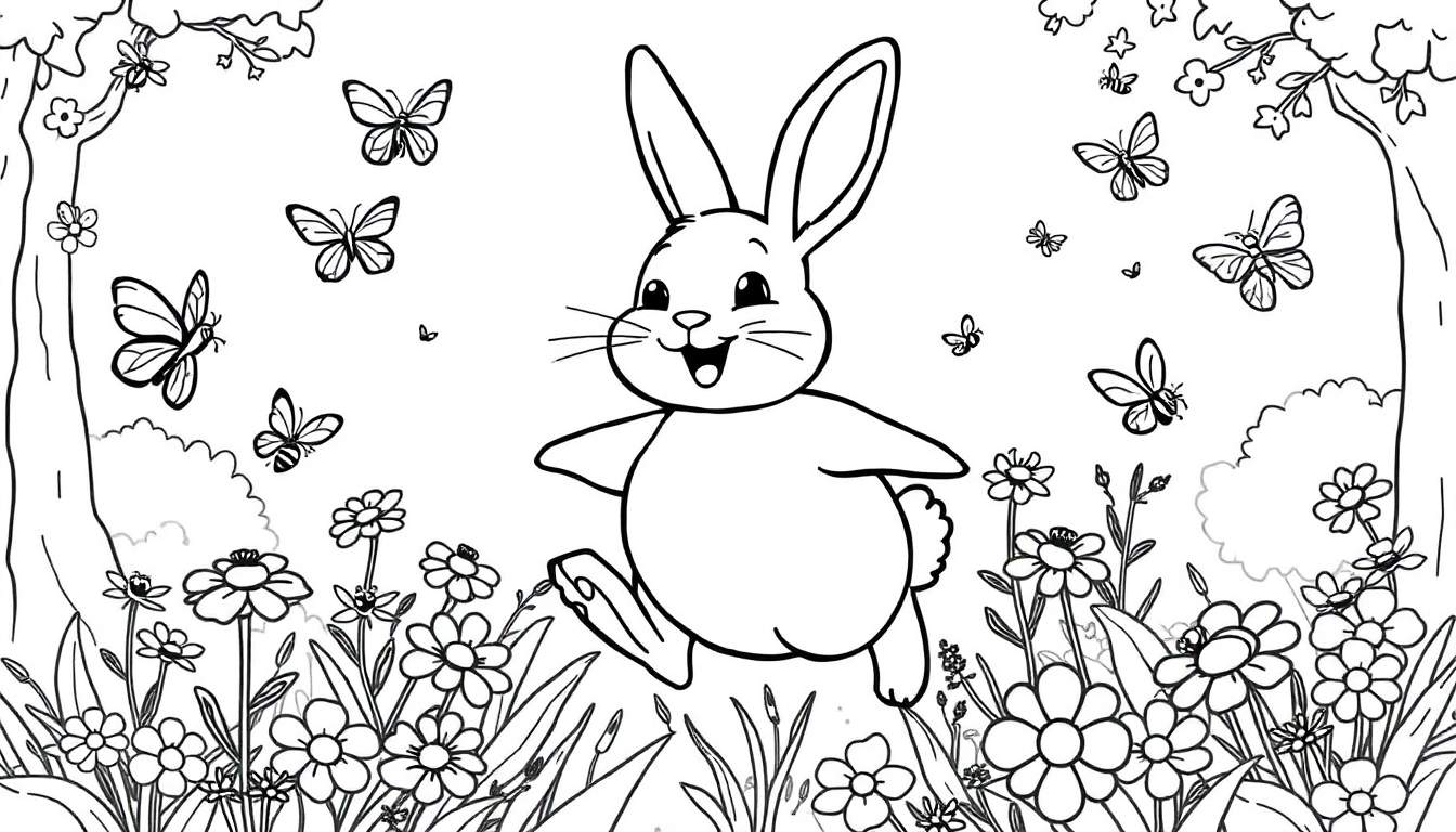 Kleurplaat van een vrolijk konijn in een bloemenweide met vlinders en bomen.